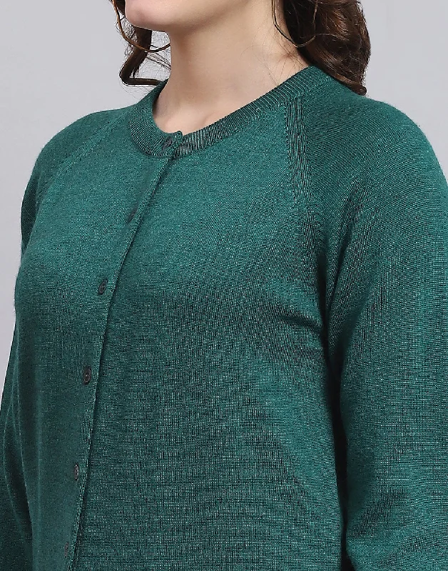 Women Teal Blue Solid Round Neck Full Sleeve Sweater