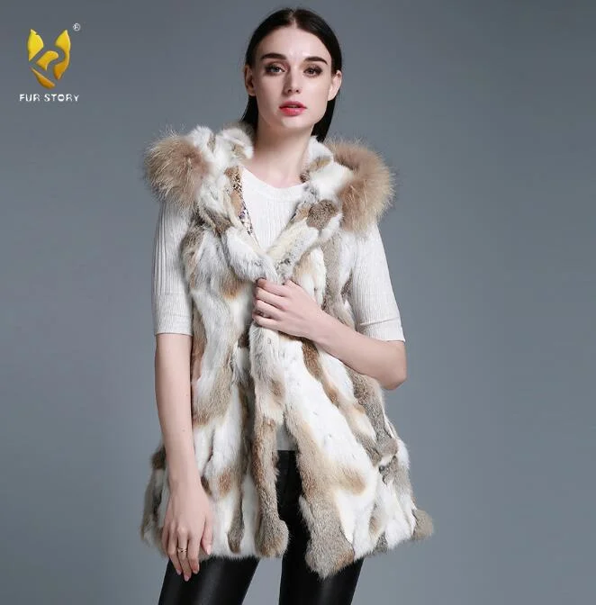 Women's Rabbit Fur Vest Hood Slim Belt Real Fur Waistcoat Female vests 15275