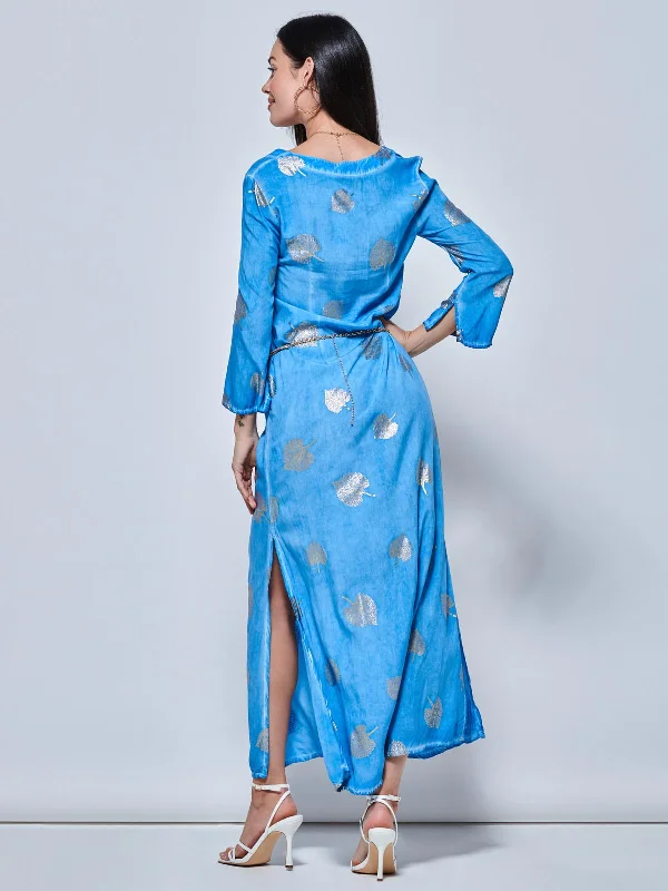 3/4 Sleeve Loose Fit Holiday Tunic Maxi Dress, Blue Pattern