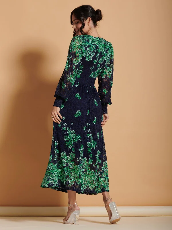 Amica Symmetrical Print Lace Maxi Dress, Green Floral