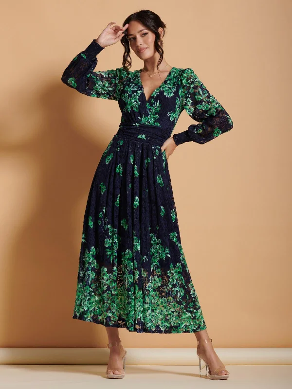 Amica Symmetrical Print Lace Maxi Dress, Green Floral