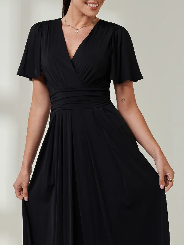 Angel Sleeve Super-Smooth Jersey Maxi Dress, Black