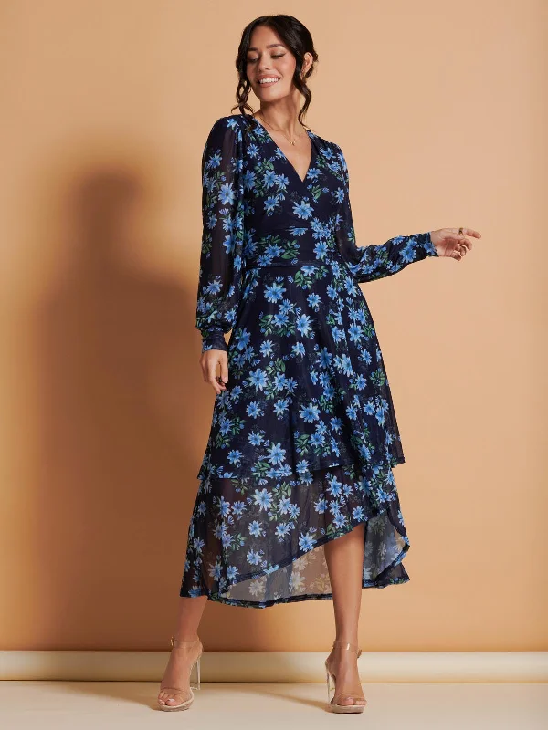 Asymmetrical Hem Mesh Midi Dress, Navy Floral