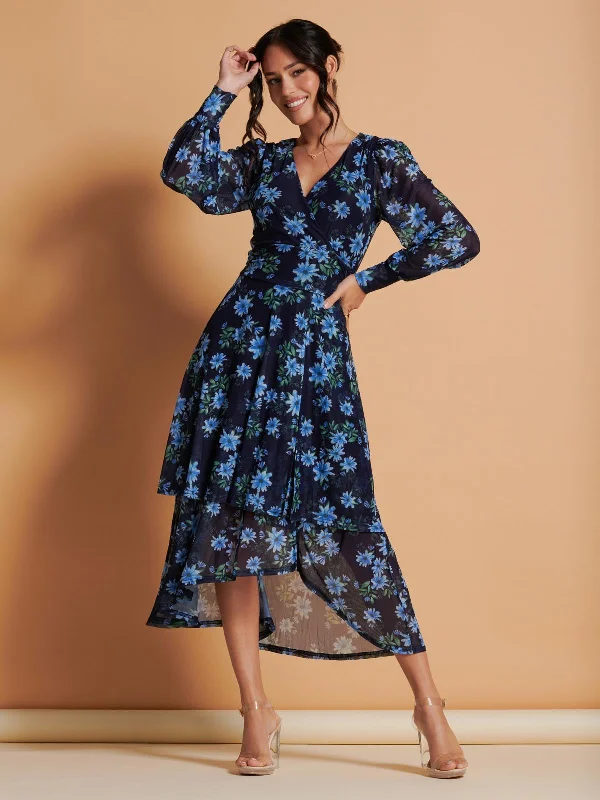 Asymmetrical Hem Mesh Midi Dress, Navy Floral