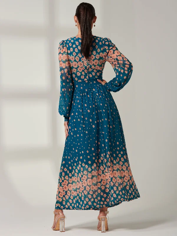 Blossom Long Sleeve Mesh Maxi Dress, Teal Multi