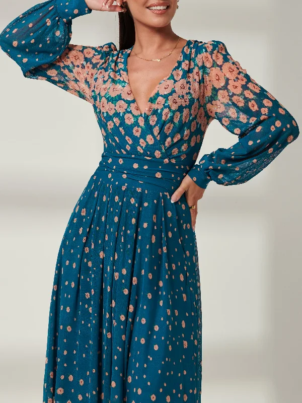 Blossom Long Sleeve Mesh Maxi Dress, Teal Multi