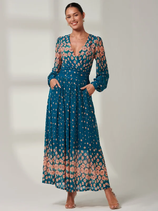 Blossom Long Sleeve Mesh Maxi Dress, Teal Multi