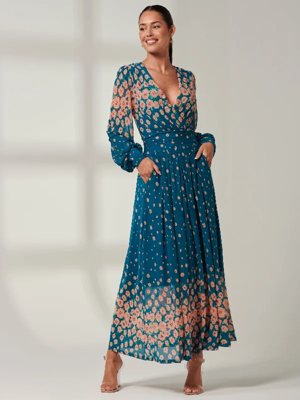 Blossom Long Sleeve Mesh Maxi Dress, Teal Multi