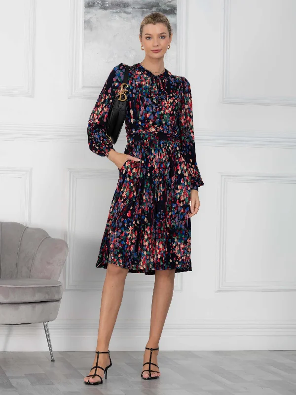 Allyn Bow Neck Long Sleeve Dress, Navy Abstract