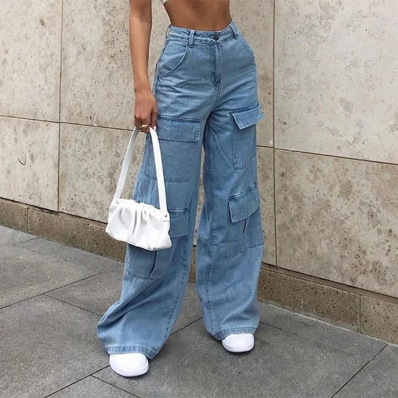 MegaBetty - Women 90S Y2K Patchwork Wide Leg Mom Jeans Big Pocket Cargo Pants Vintage Mopping Pants Casual Streetwear Boyfriend Denim Jeans