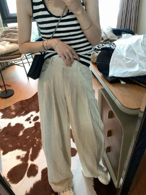 Summer Linen Pants Women Y2k Oversize Pleated Kpop Waist Casual Trouser Pants