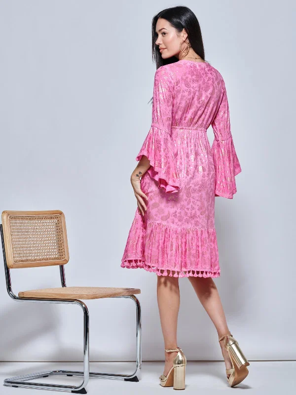 Crochet Trim Midi Holiday Dress, Pink Pattern