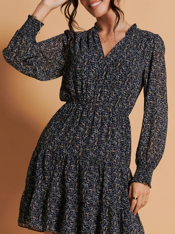 Ditsy Print Chiffon Smock Dress, Navy Multi