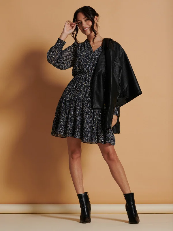 Ditsy Print Chiffon Smock Dress, Navy Multi