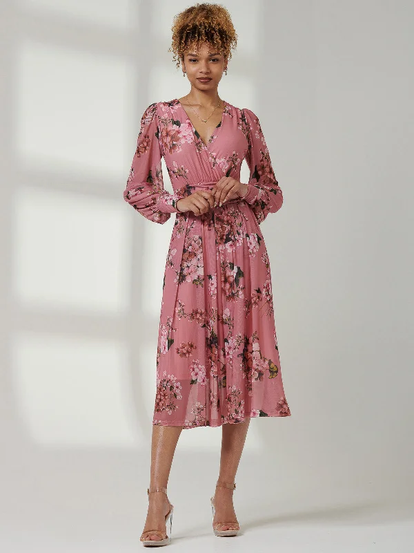 Eileen Long Sleeve Mesh Dress, Pink Floral