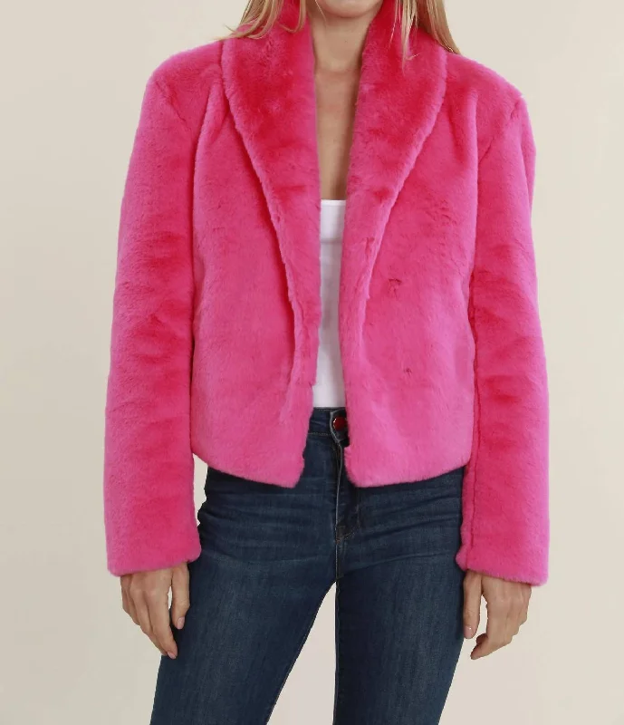 Faux Fur Shawl Collar Jacket In Hot Pink