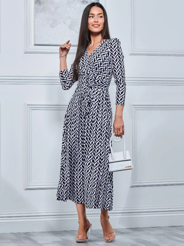 Geometric Print Long Sleeve Maxi Dress, Black Geo