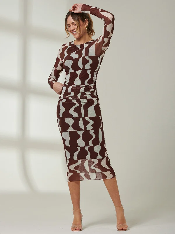 Gionna Mesh Long Sleeve Midaxi Dress, Brown Pattern