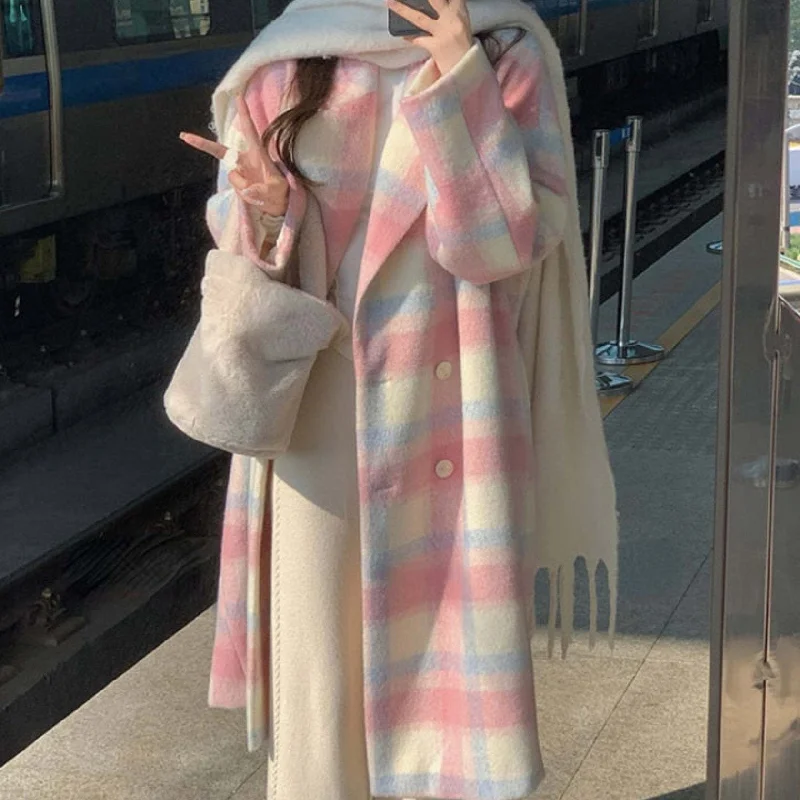 Gorgeous Rainbow Woolen Womens Long Coat Korean Style