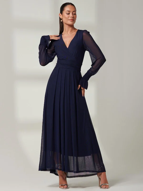 Blue Greta Long Sleeve Mesh Maxi Dress, Navy