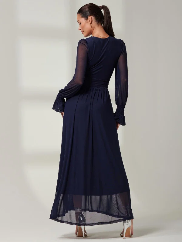 Blue Greta Long Sleeve Mesh Maxi Dress, Navy