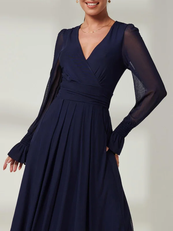 Blue Greta Long Sleeve Mesh Maxi Dress, Navy