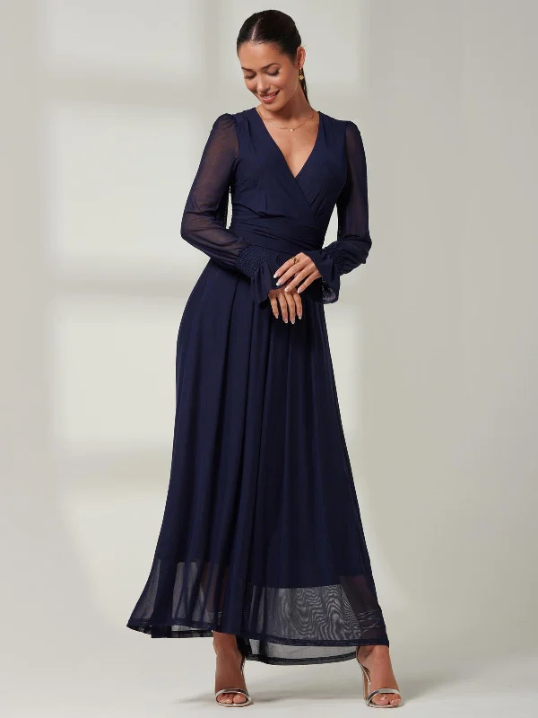 Blue Greta Long Sleeve Mesh Maxi Dress, Navy