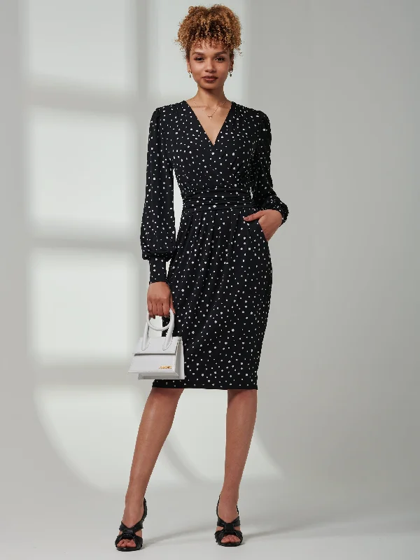 Gwen Print Long Sleeve Pegged Dress, Black Spot