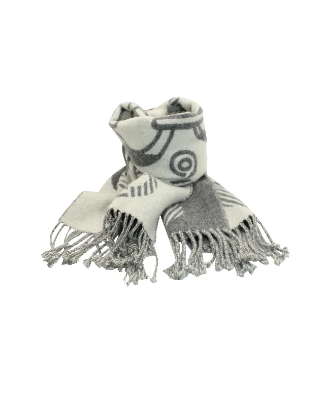 Hermes Fringed Scarf in Grey and White Cashmere