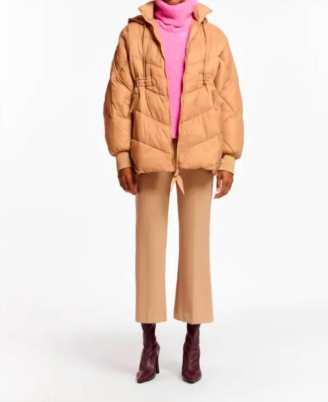 Hooded Puffer Coat In Camel