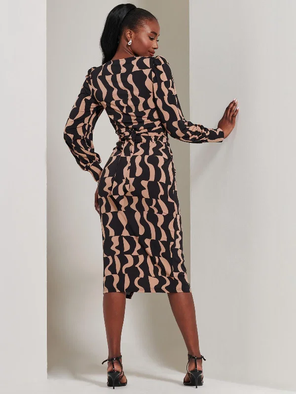 Jersey Wrap Slit Pencil Dress, Brown Pattern