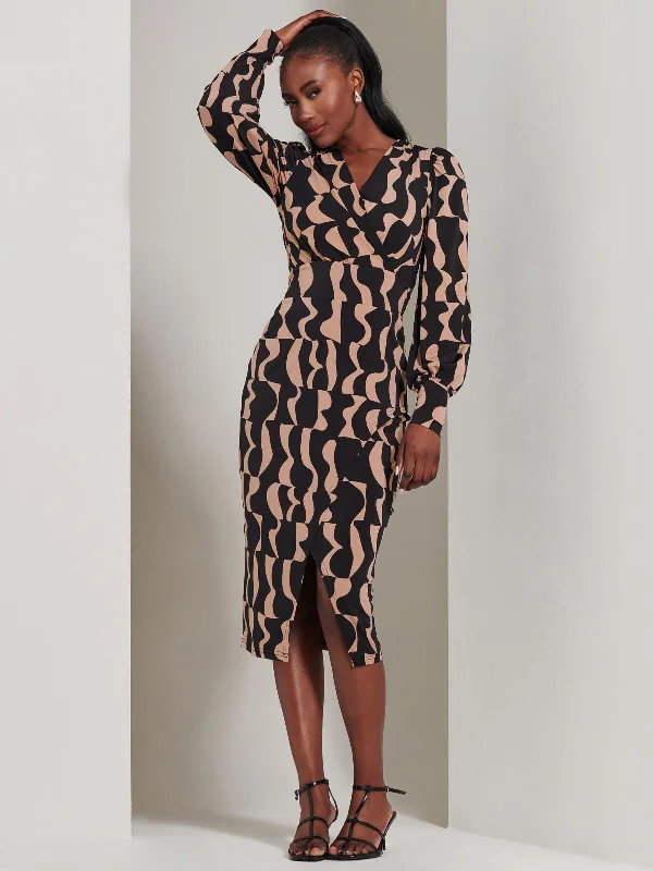 Jersey Wrap Slit Pencil Dress, Brown Pattern