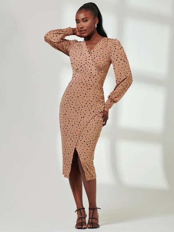 Jersey Wrap Slit Pencil Dress, Black Spot