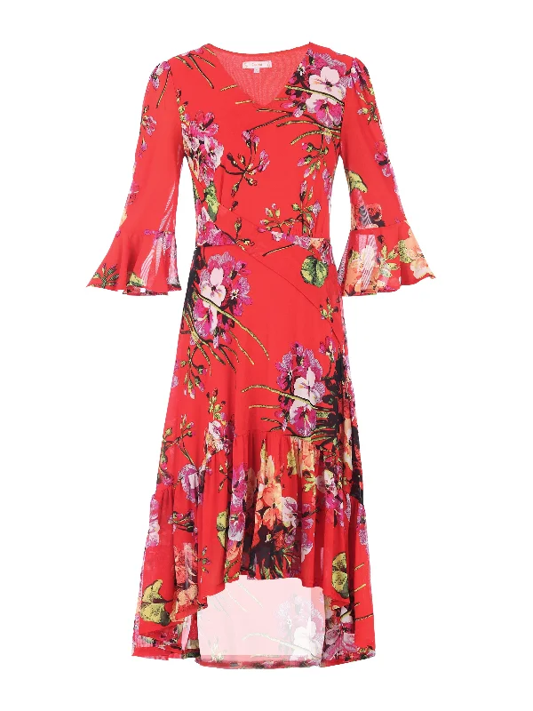 Jolie Moi Dipped Hem Mesh Midi Dress, Red Floral