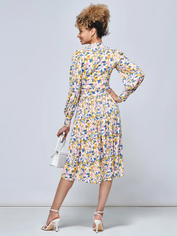 Jolie Moi Vesper Long Sleeve Midi Dress, Yellow Floral