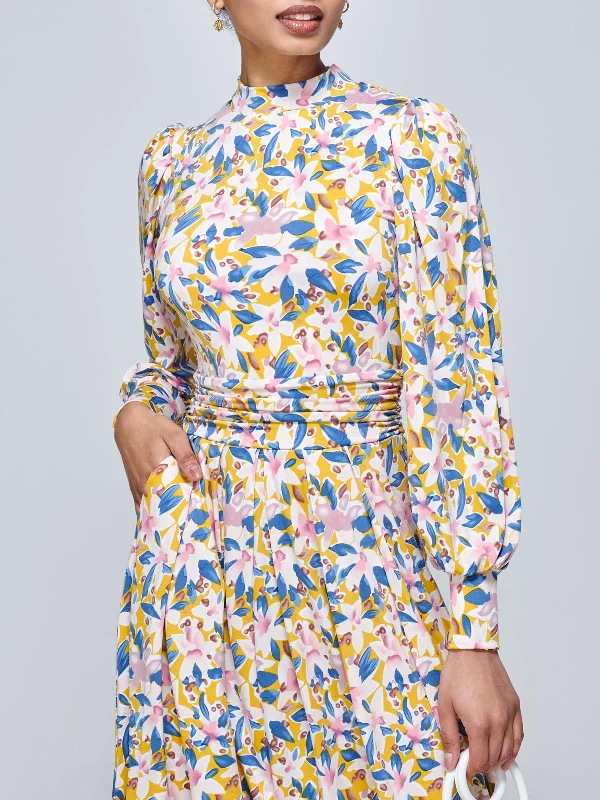 Jolie Moi Vesper Long Sleeve Midi Dress, Yellow Floral