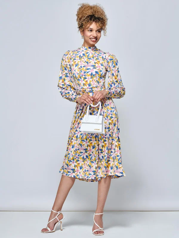 Jolie Moi Vesper Long Sleeve Midi Dress, Yellow Floral