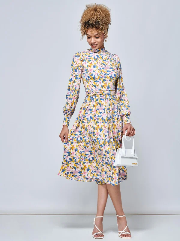 Jolie Moi Vesper Long Sleeve Midi Dress, Yellow Floral