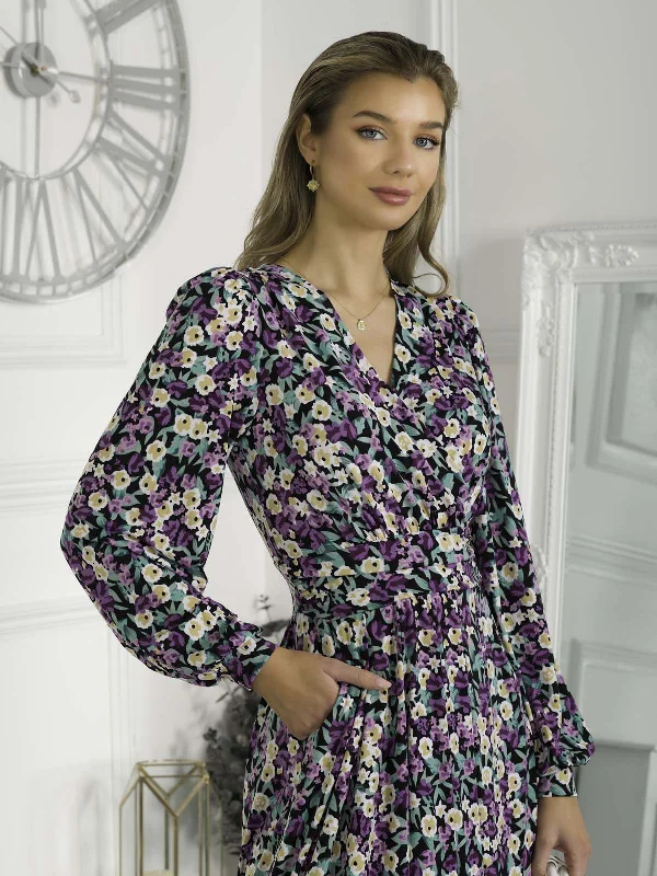 Libby Long Sleeve Midi Dress, Purple Floral