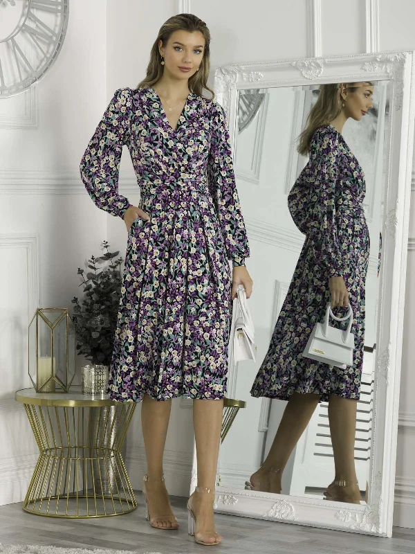 Libby Long Sleeve Midi Dress, Purple Floral