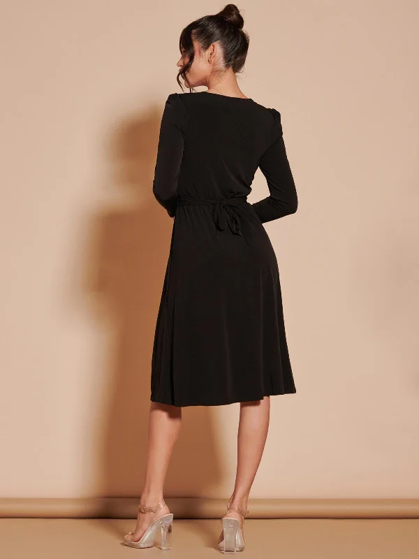 Long Sleeve Pleated Jersey Midi Dress, Black