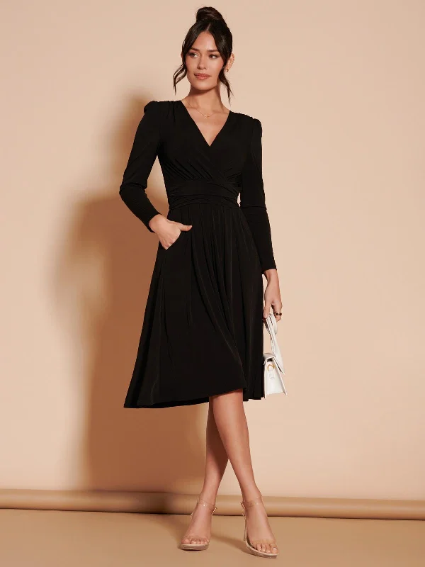 Long Sleeve Pleated Jersey Midi Dress, Black