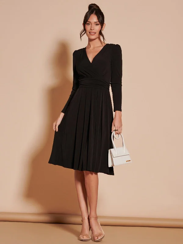 Long Sleeve Pleated Jersey Midi Dress, Black