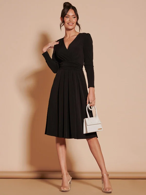 Long Sleeve Pleated Jersey Midi Dress, Black