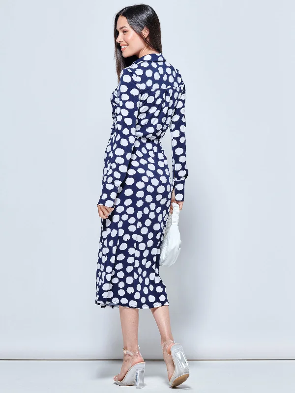 Long Sleeve Printed Jersey Shirt Dress, Navy Polka Dot