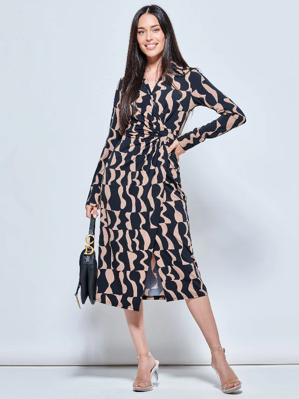 Long Sleeve Printed Jersey Shirt Dress, Brown Pattern