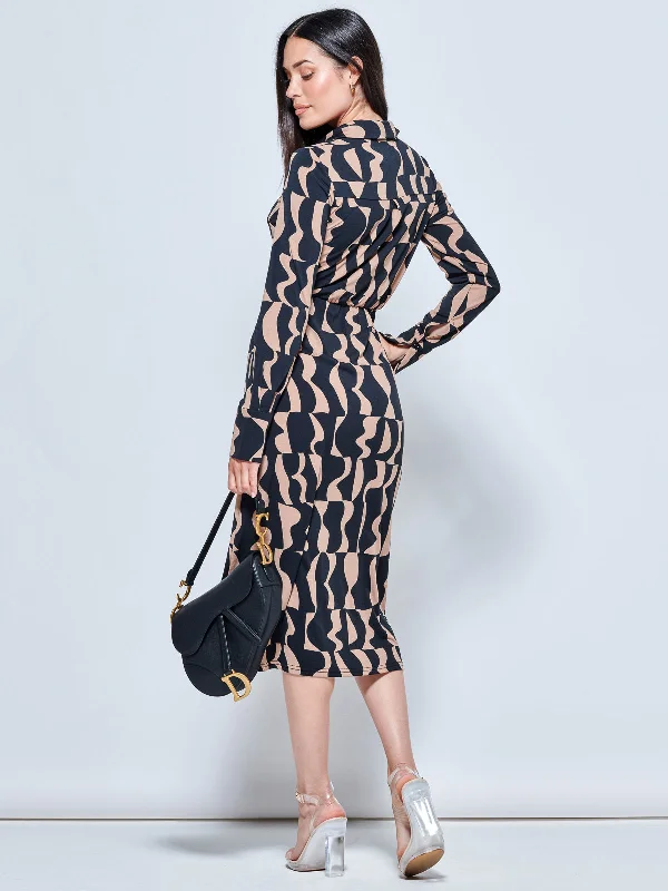 Long Sleeve Printed Jersey Shirt Dress, Brown Pattern