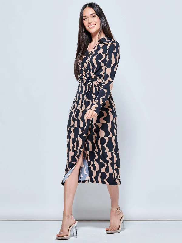 Long Sleeve Printed Jersey Shirt Dress, Brown Pattern