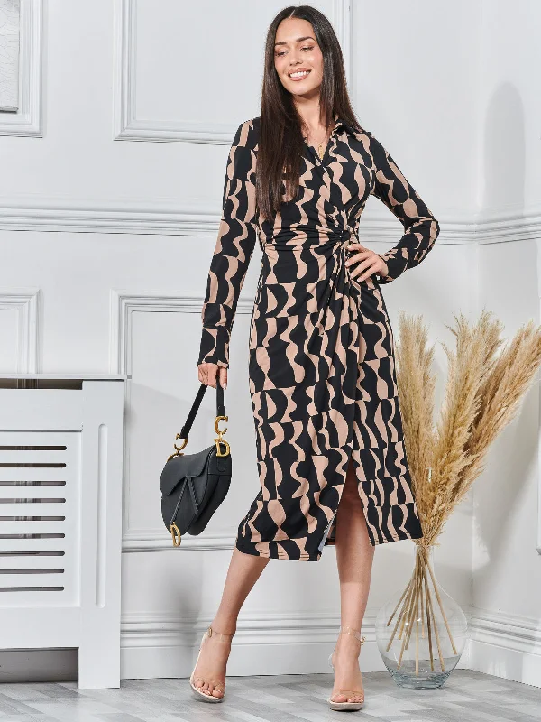 Long Sleeve Printed Jersey Shirt Dress, Brown Pattern