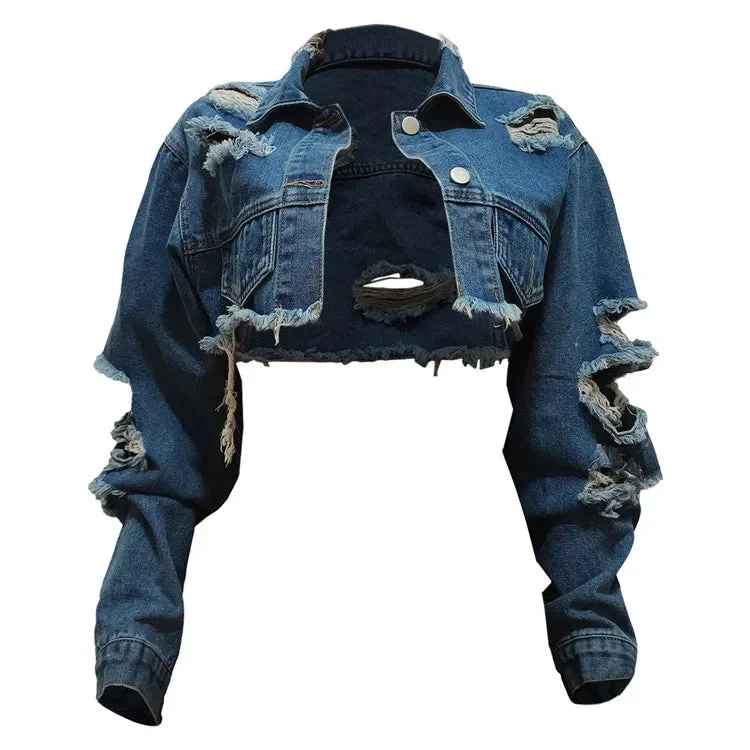 Long Sleeve Ripped Crop Denim Jacket Women Sexy Hole Hollow Out Jeans Coat Spring Autumn Turn Down Collar Cropped Tops